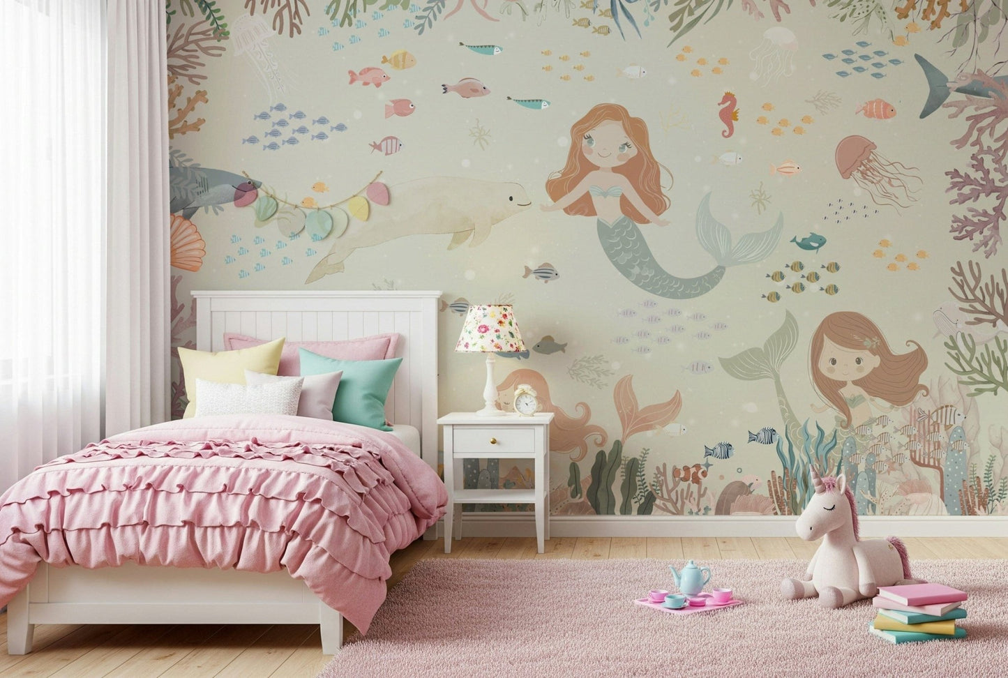 Nature inspired wallpaper with cool turquoise tones for a nursery wall mural.