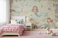 Nature inspired wallpaper with cool turquoise tones for a nursery wall mural.