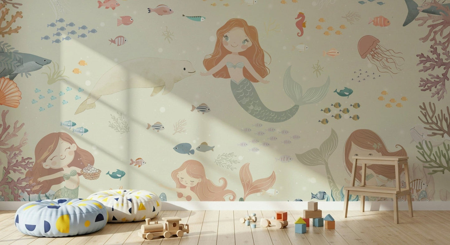 Ocean's Lullaby Wall Mural used as a focal point in a reading nook wallpaper.
