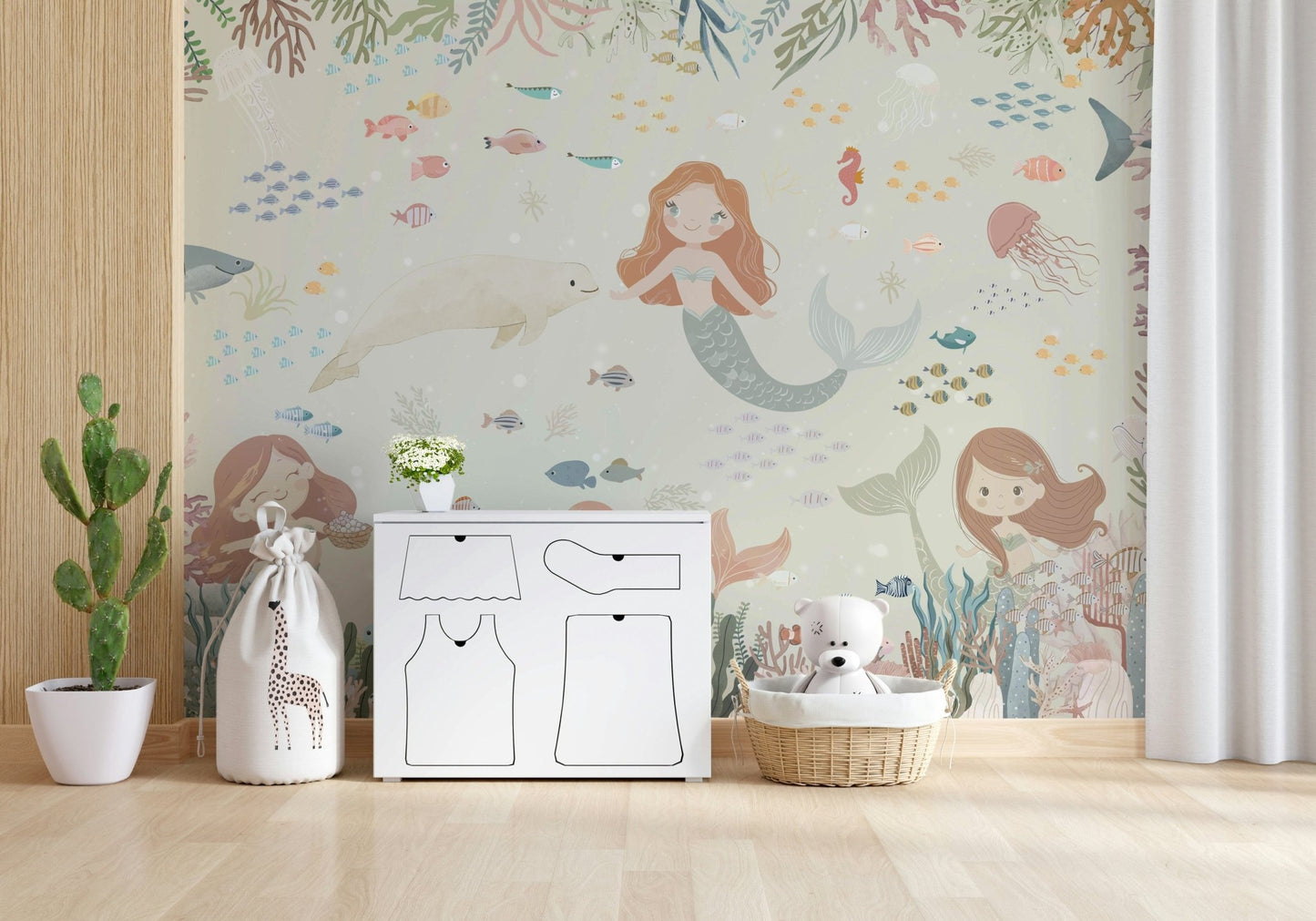 Ocean's Lullaby Wall Mural in a bright dining space with coastal decor wallpaper.