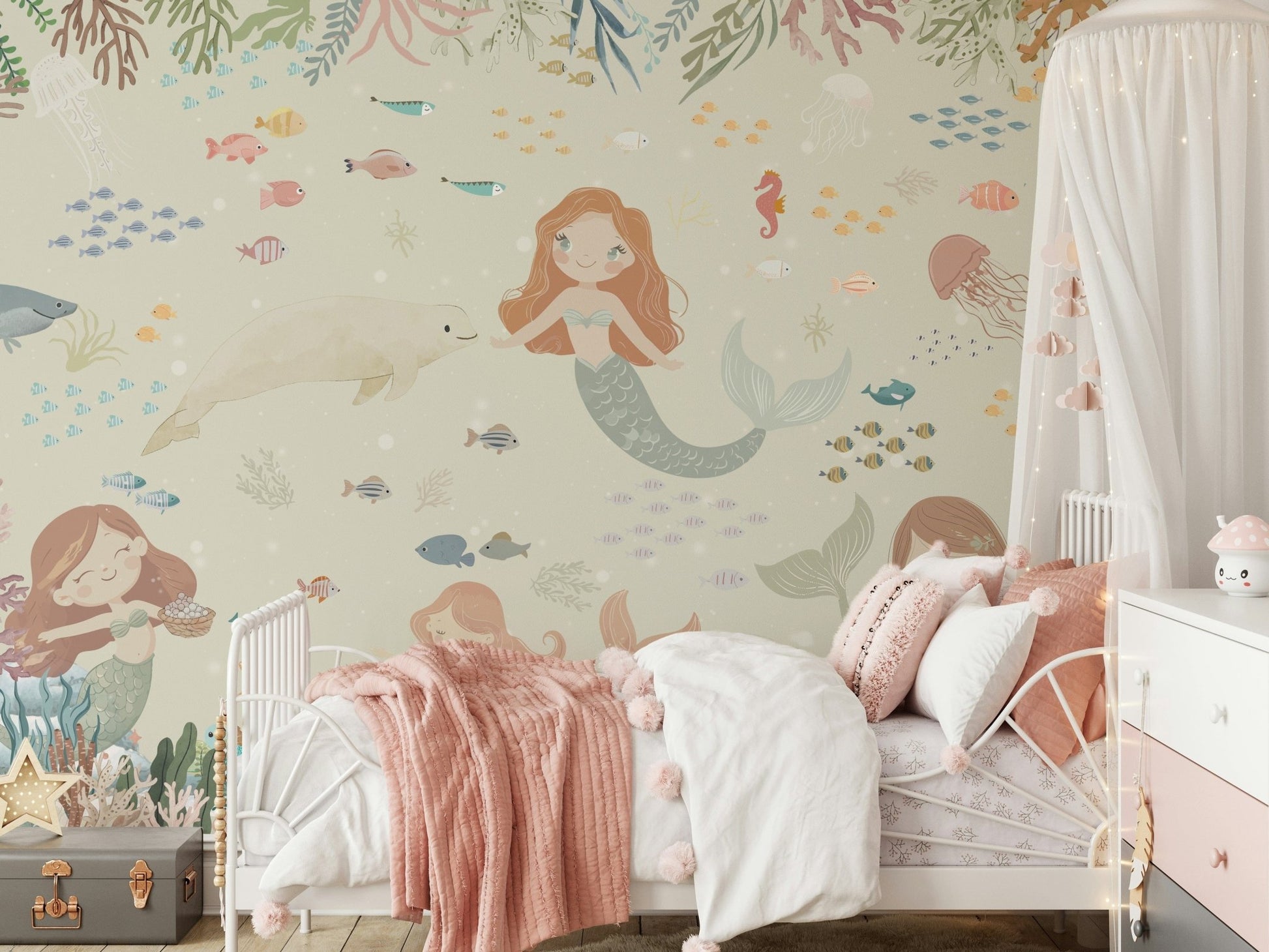 Ocean's Lullaby Wall Mural in a contemporary flat with clean lines wallpaper.