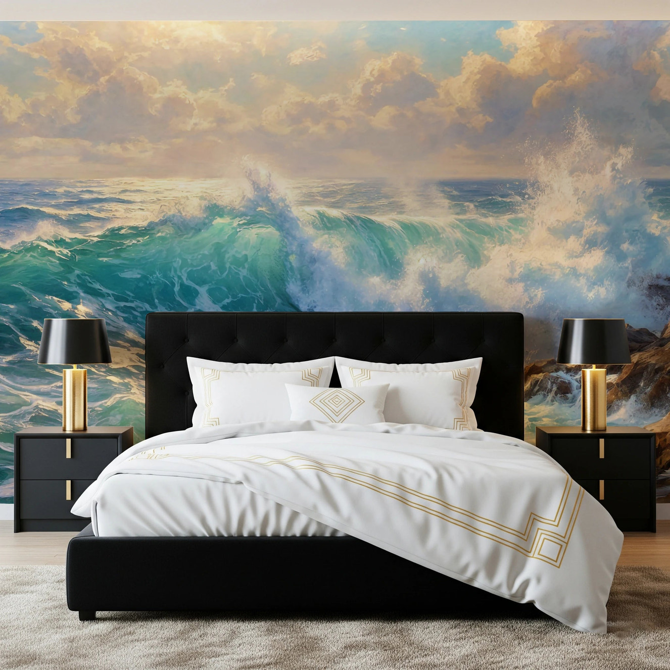 Blue ocean wave wall mural for modern living room