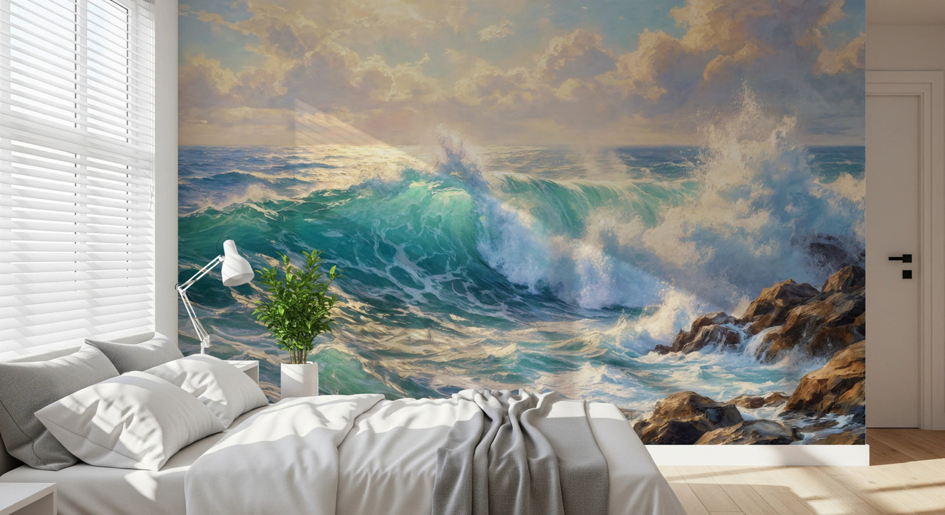 Ocean’s Majesty Wall Mural in coastal style living room