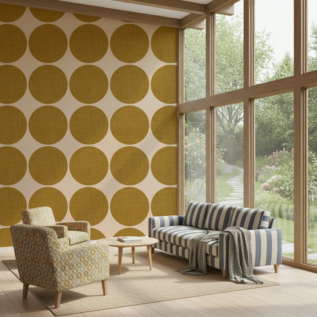 Ochre Orb Weave Wallpaper Lattice wall mural, large mustard circles., GD6591