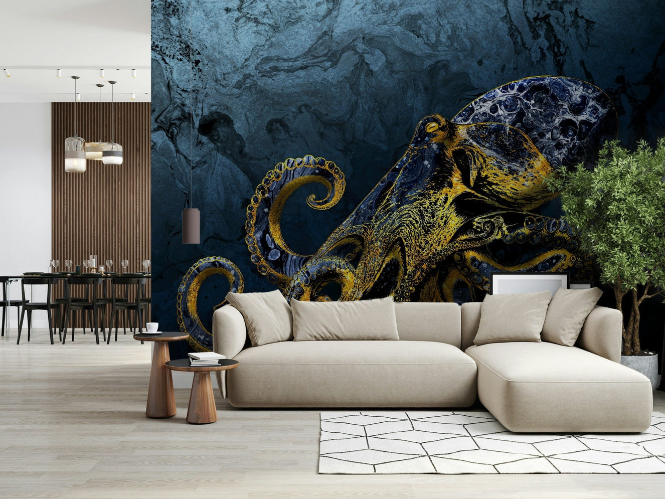 Octopus Majesty golden ink sketch navy marble wall mural.