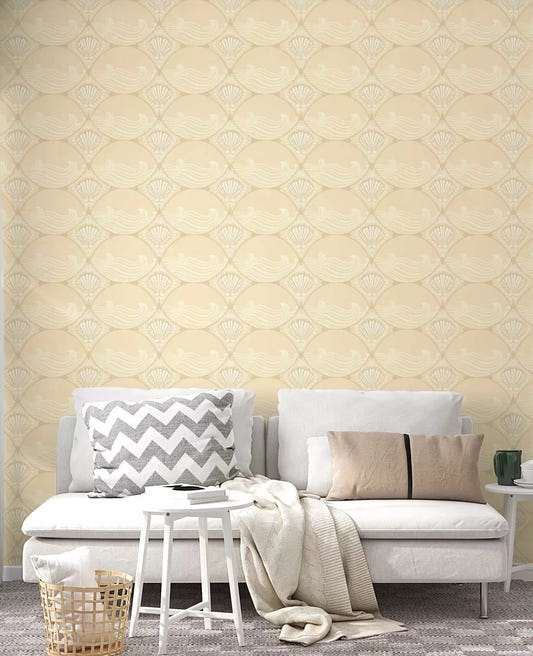 Living room  finished in Ogee Shell and Wave Revival wallpaper with cream scallops