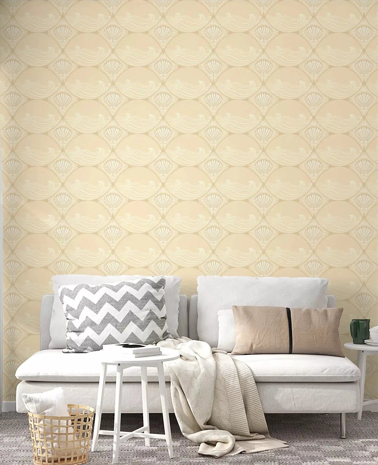 Living room  finished in Ogee Shell and Wave Revival wallpaper with cream scallops