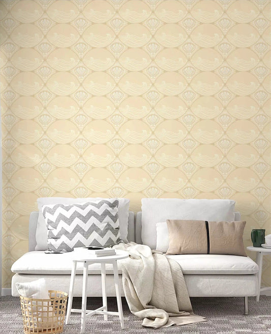 Living room  finished in Ogee Shell and Wave Revival wallpaper with cream scallops
