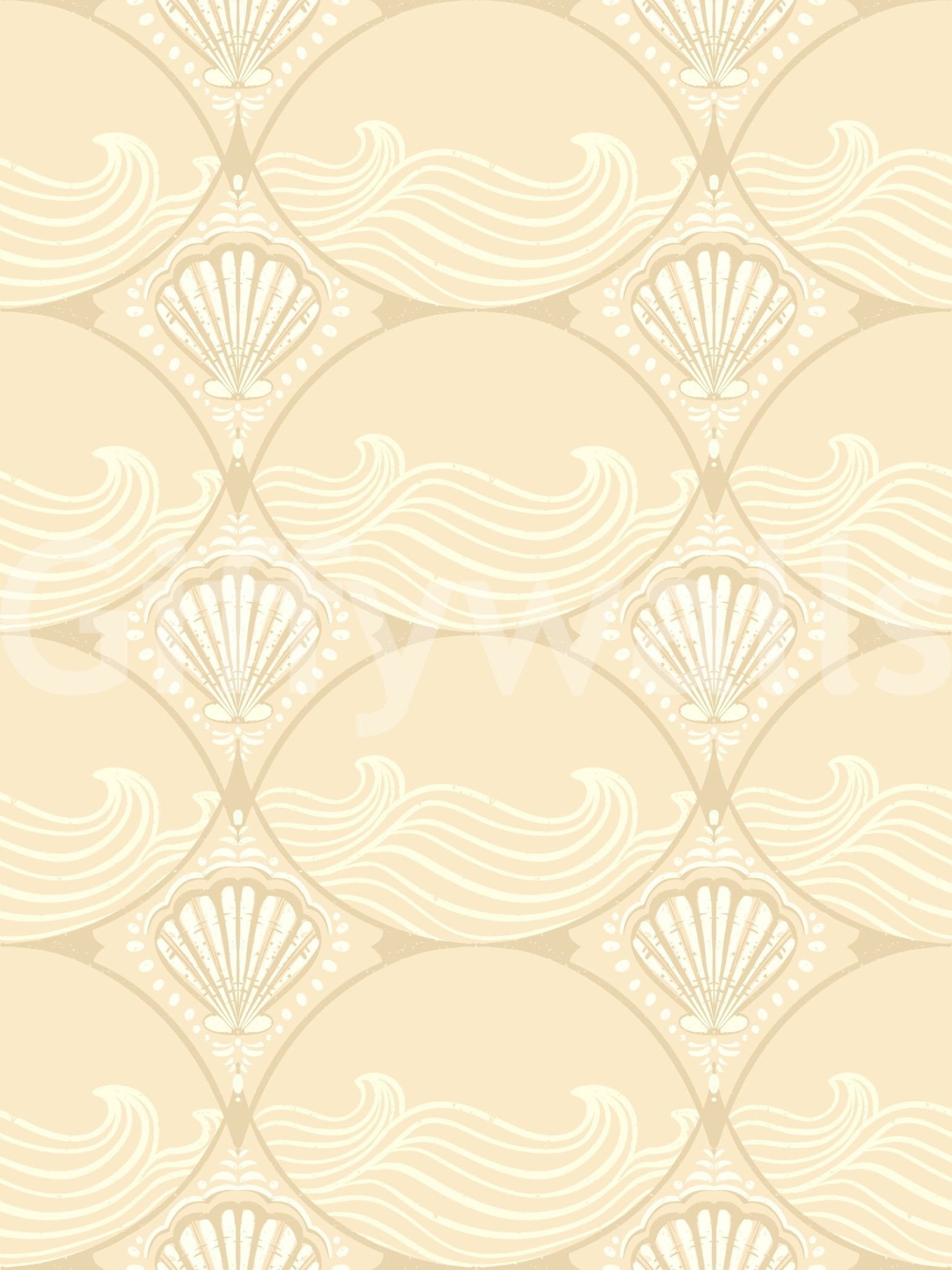Warm ivory ground layered with shell ogees in this Wave Revival wallpaper swatch
