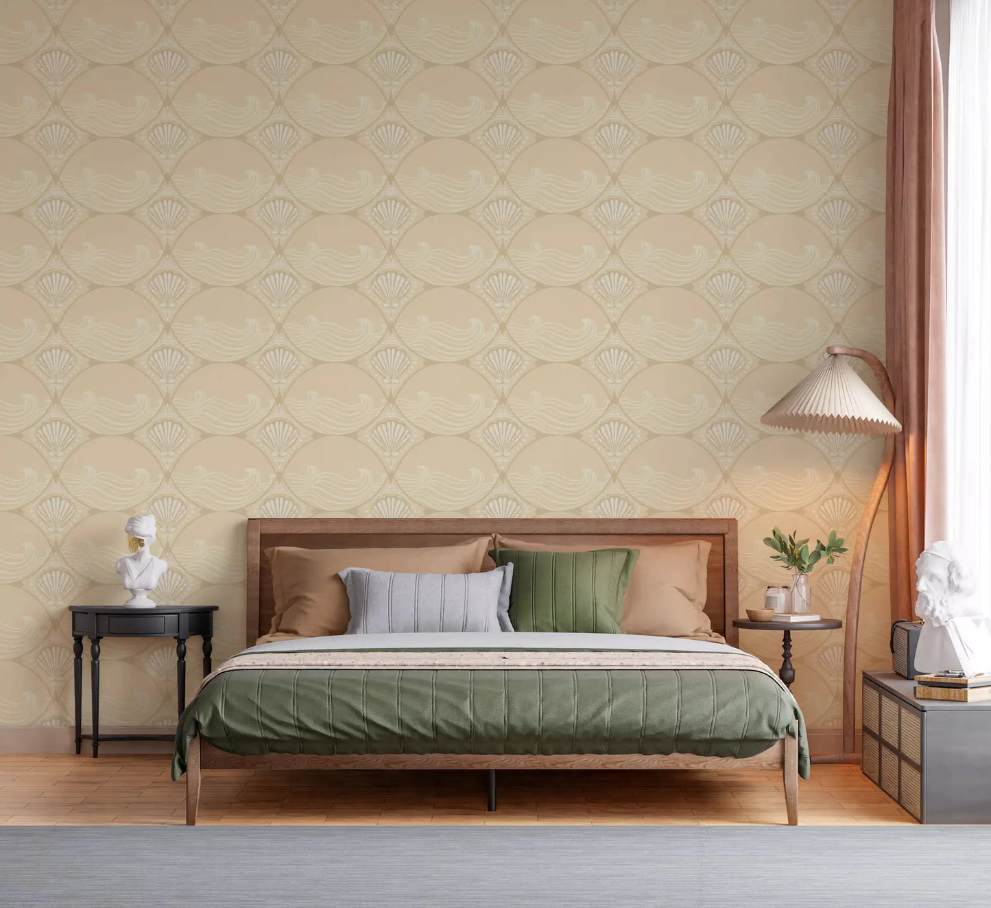 Bedroom backdrop styled with Ogee Shell and Wave Revival wallpaper in warm cream