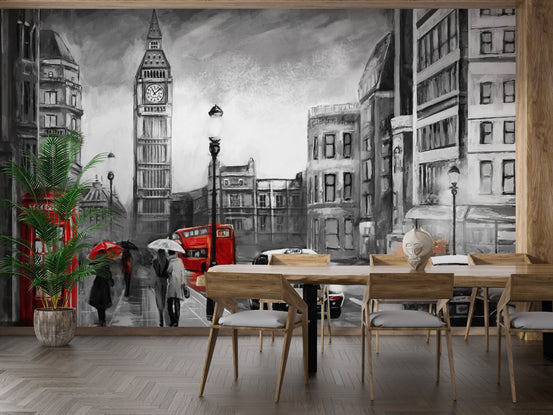 Artistic city mural with classic red highlights A940