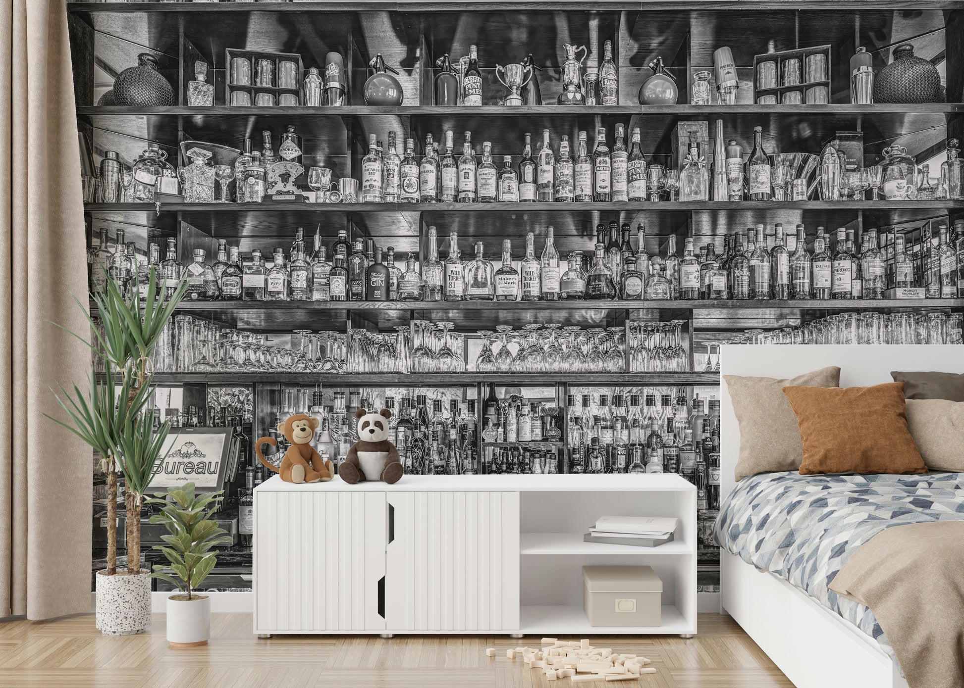 Old bar scene mural with rustic charm

