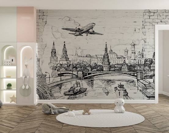 World Landmarks on Old Brick wallpaper mural B119
