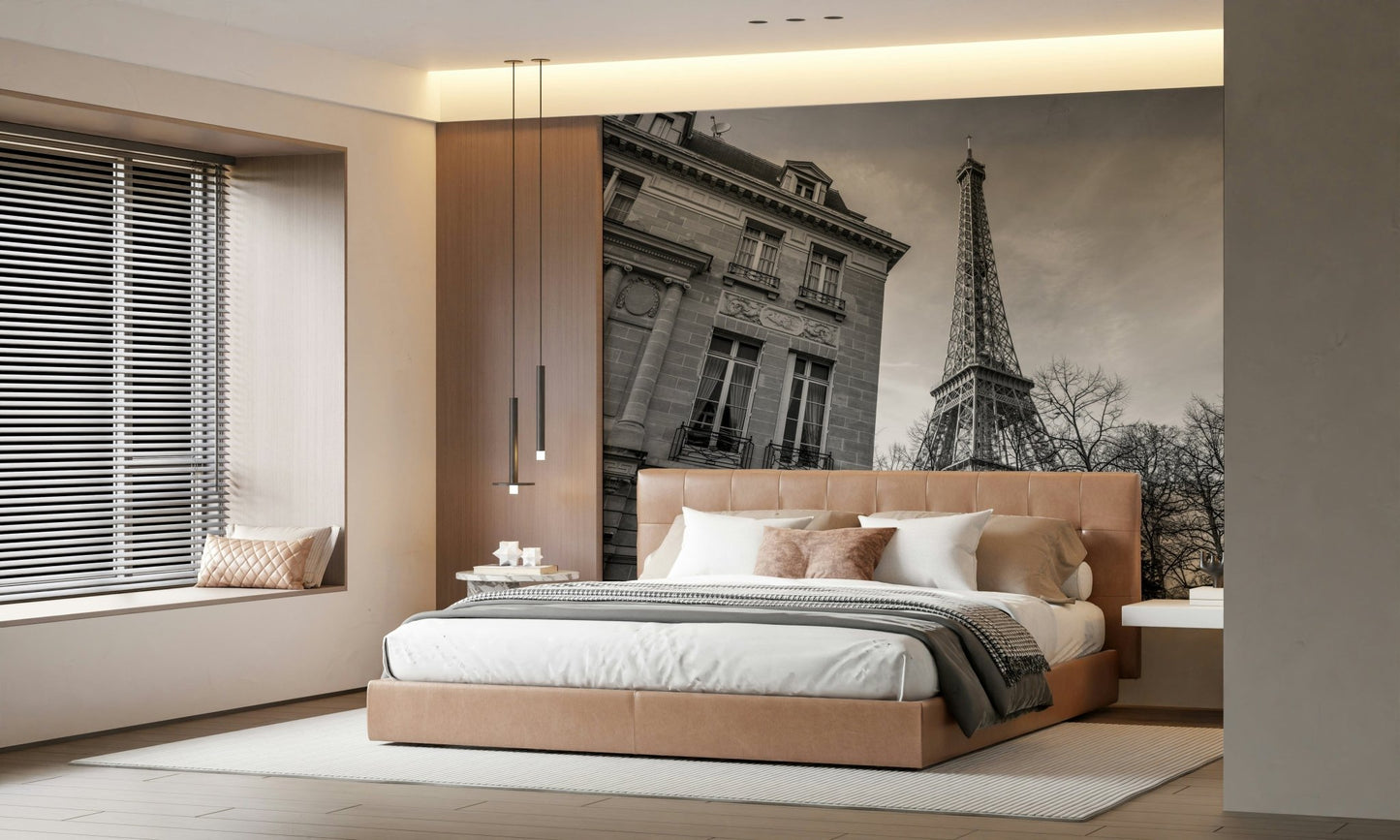 Scenic city wall mural with classic French balconies and a blue sky.