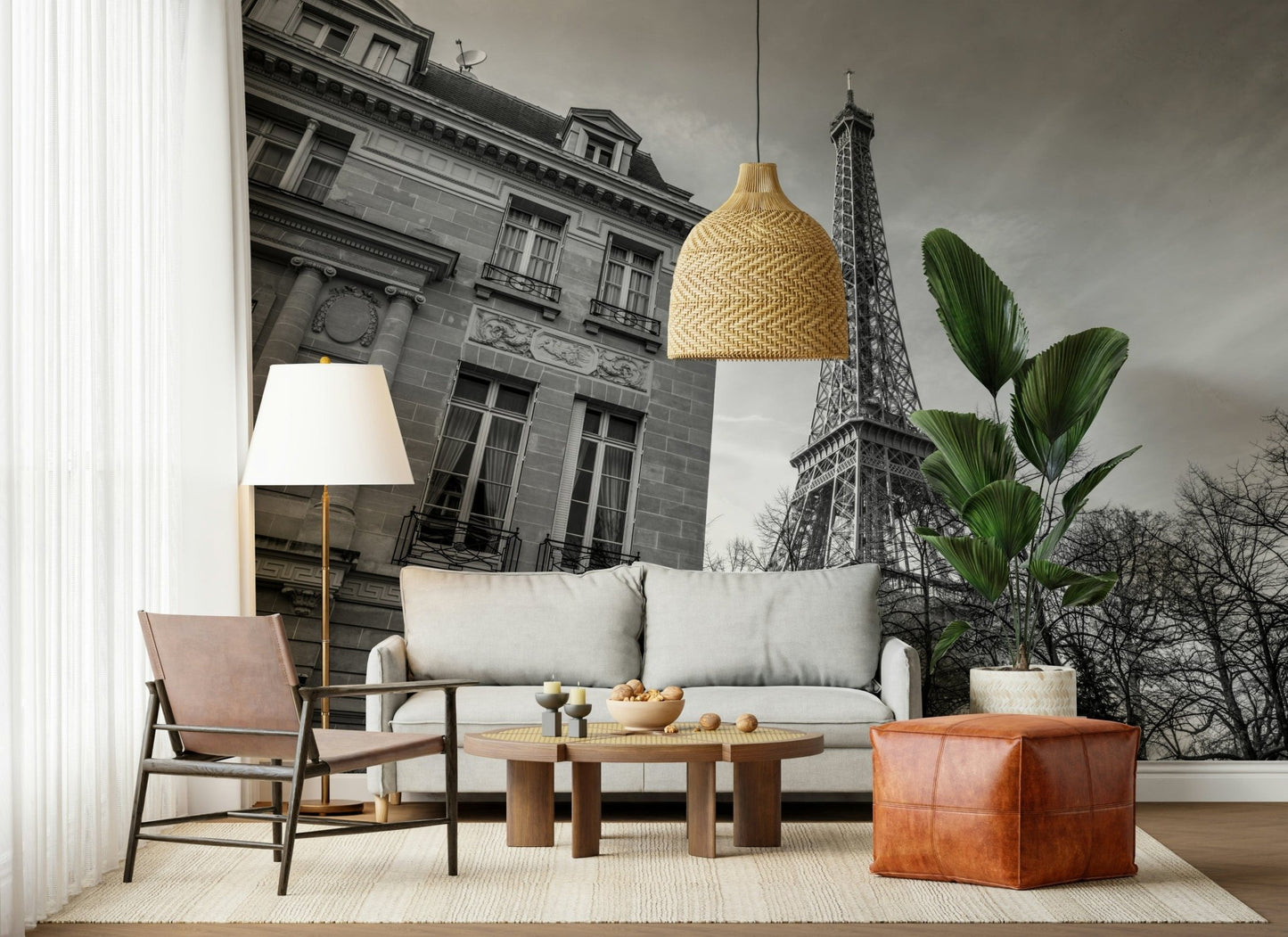 Grand city landscape wall mural in soft cream, beige, and slate tones.
