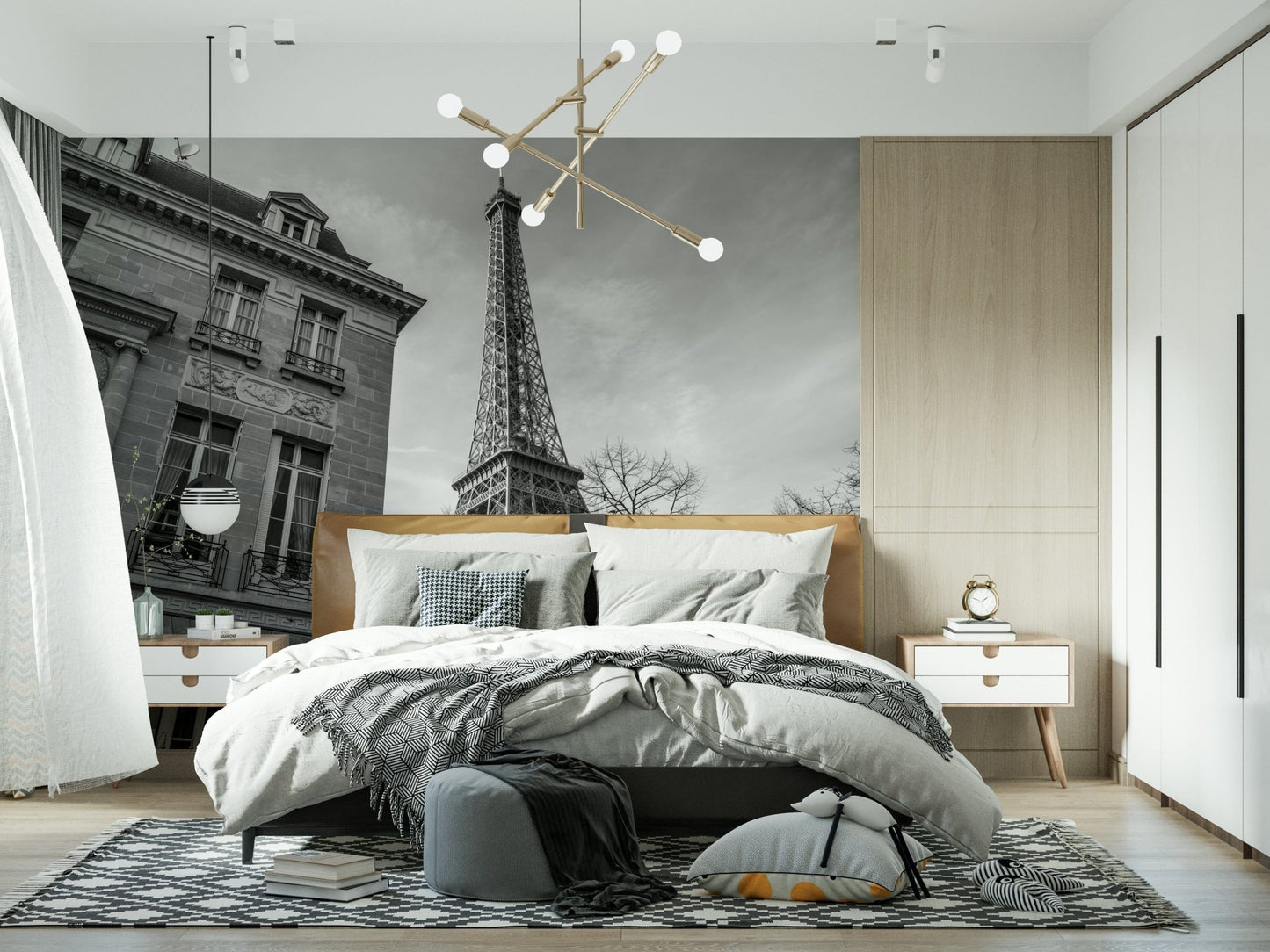 Old building next to Eiffel tower wall mural with ornate stone facades.