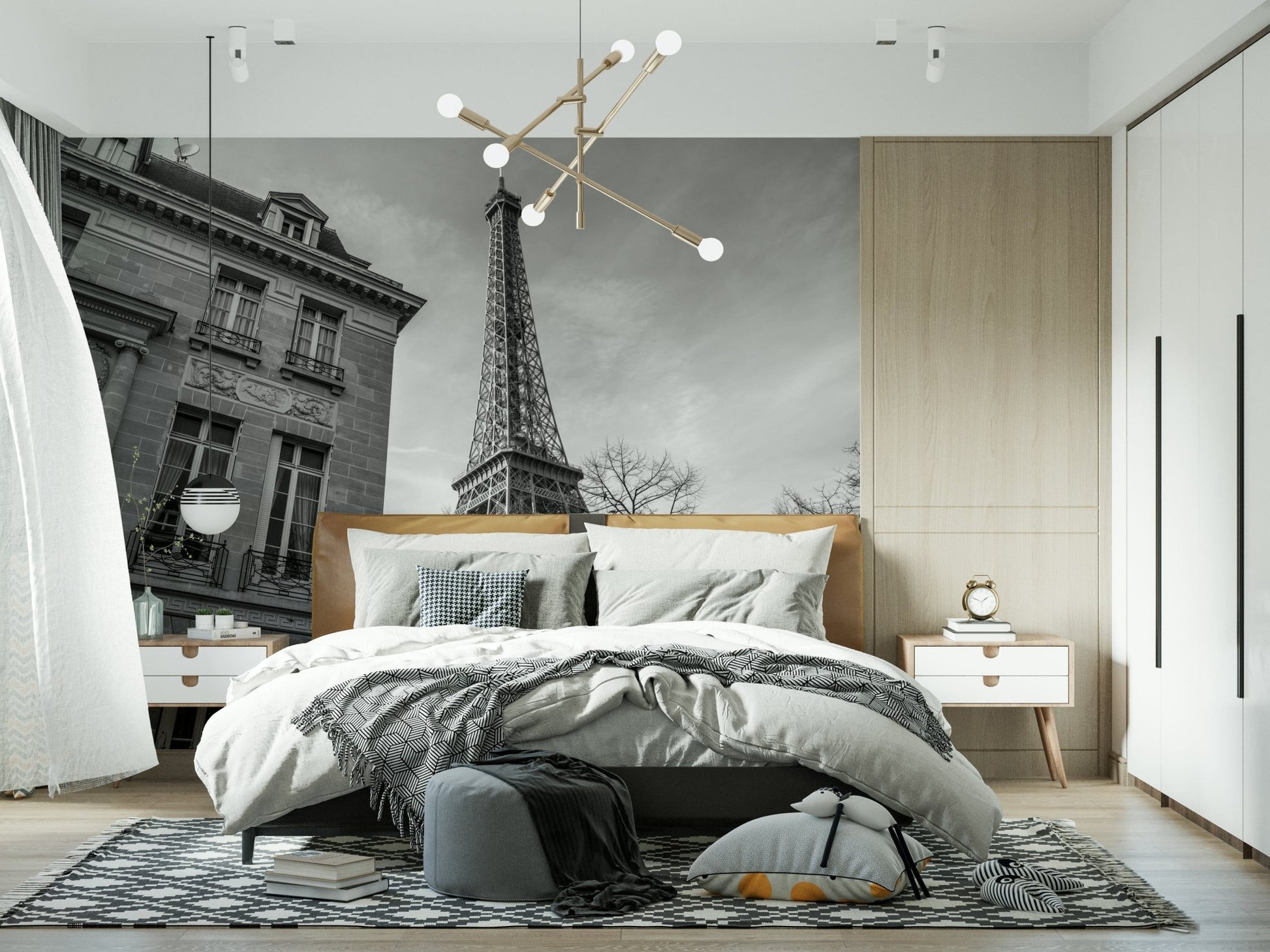 Old building next to Eiffel tower wall mural with ornate stone facades.