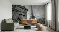 Old building next to Eiffel tower wall mural for a refined feature wall.