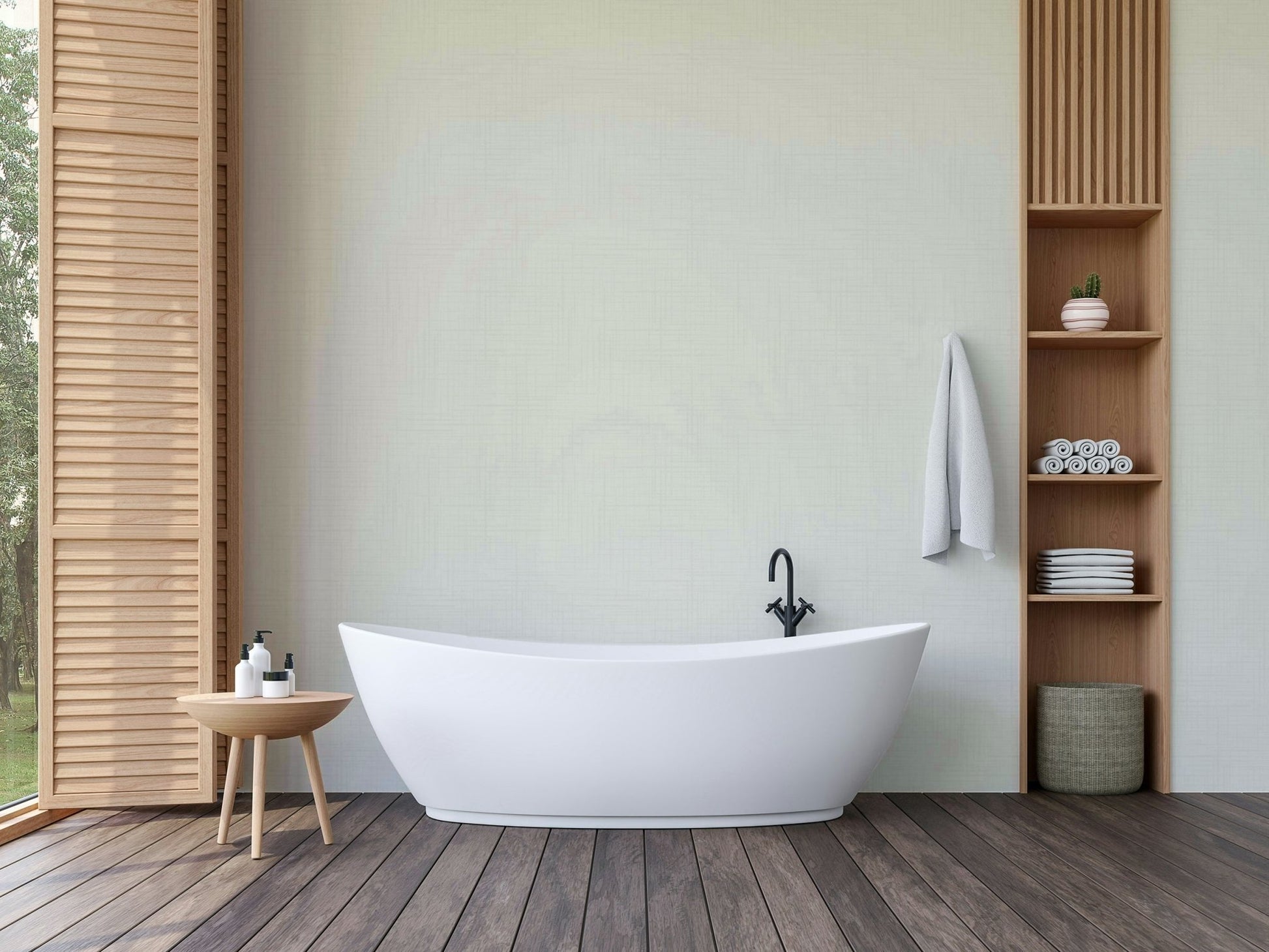 The wallpaper is installed in a modern, minimalist living room.

