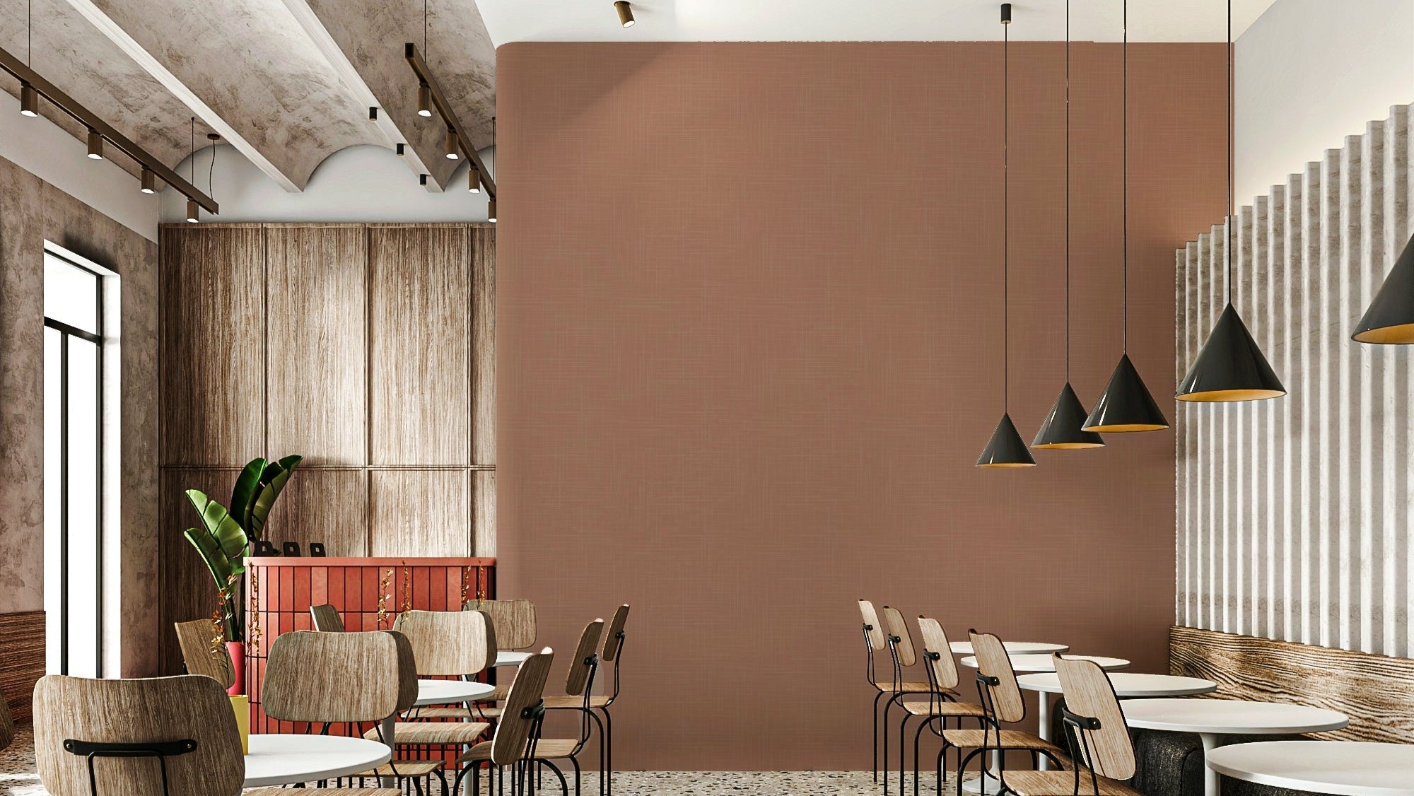 The wallpaper is installed in a modern, minimalist living room. GD3749

