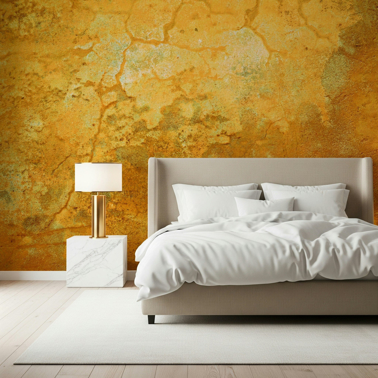 Rustic orange wall mural, heavy patina effect, vibrant color