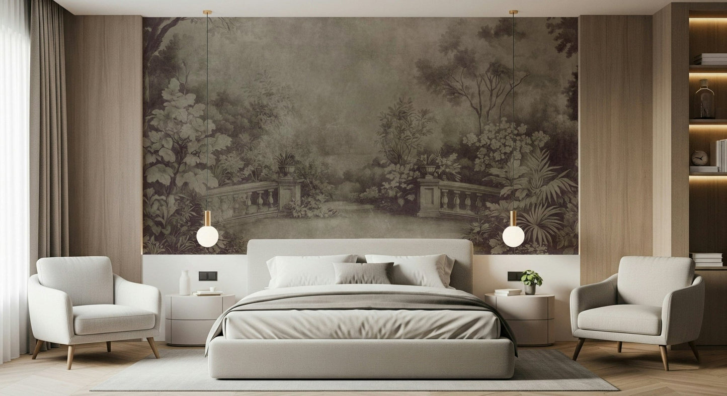 Ethereal, moody wallpaper mural, hand-painted look, Old English Garden Fresco.