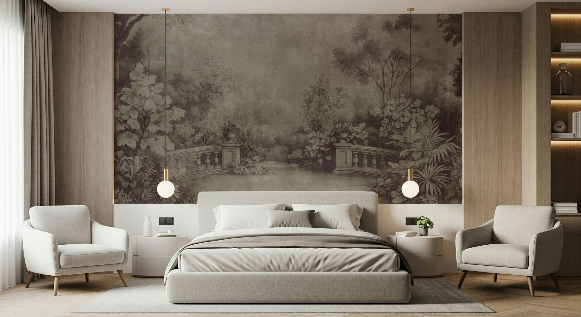 Ethereal, moody wallpaper mural, hand-painted look, Old English Garden Fresco.