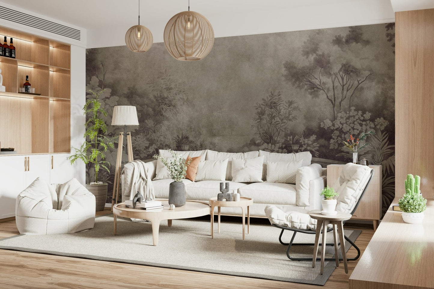 Sepia-toned mural of an Old English Garden escape.