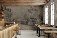 Sepia-toned majestic garden peel and stick wallpaper, fresco artistry style.