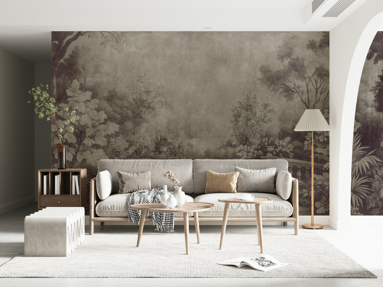 Vintage stone balustrade garden mural, dark, lush, Old English Garden Fresco.