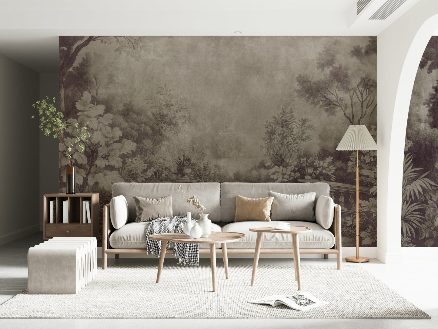 Vintage stone balustrade garden mural, dark, lush, Old English Garden Fresco.