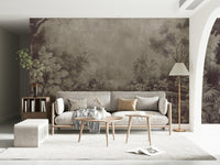 Vintage stone balustrade garden mural, dark, lush, Old English Garden Fresco.