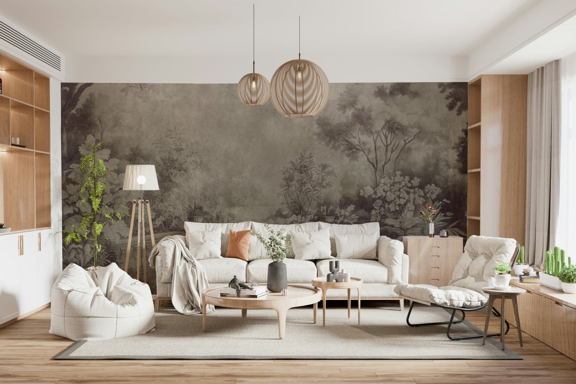 Muted Aubergine wallpaper design showing a classic balustrade and lush foliage.