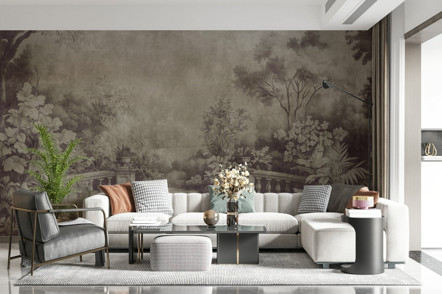 Luxurious wallpaper for walls of a forgotten grand garden, dark tones.