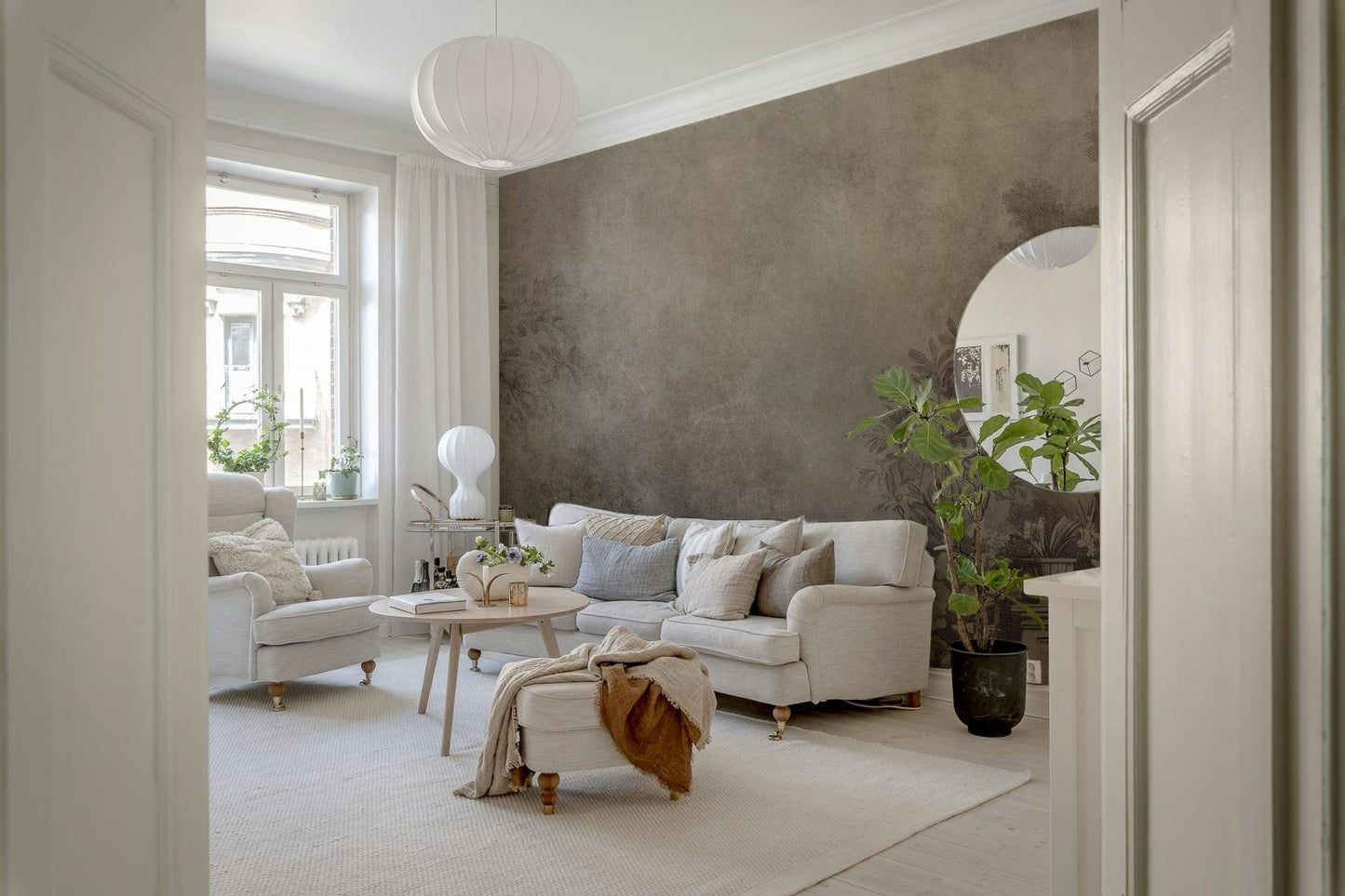 Aubergine Fresco mural of a romantic, lush, botanical landscape.