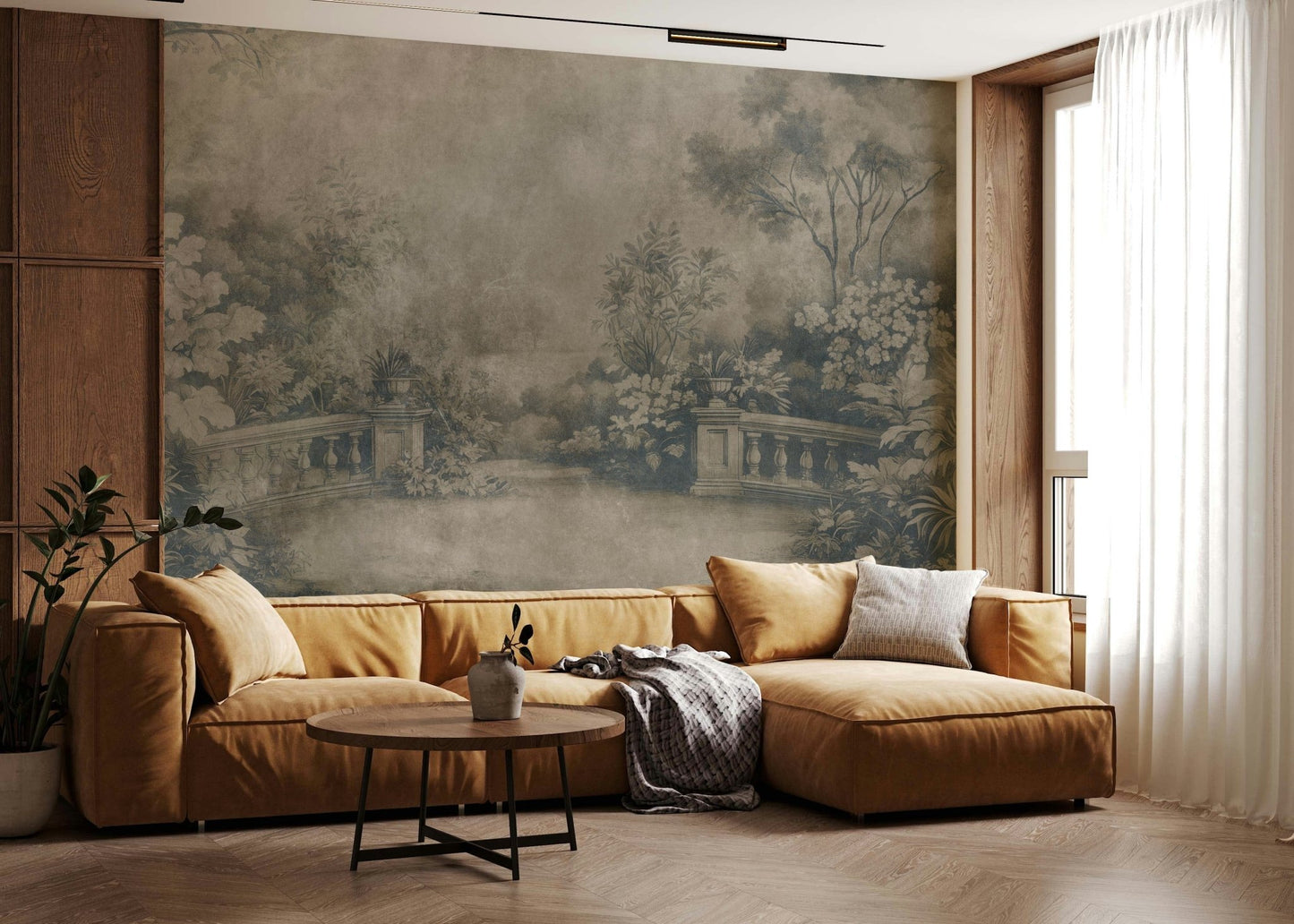 Wallpaper featuring classic Old English Garden scenery in Smoke.