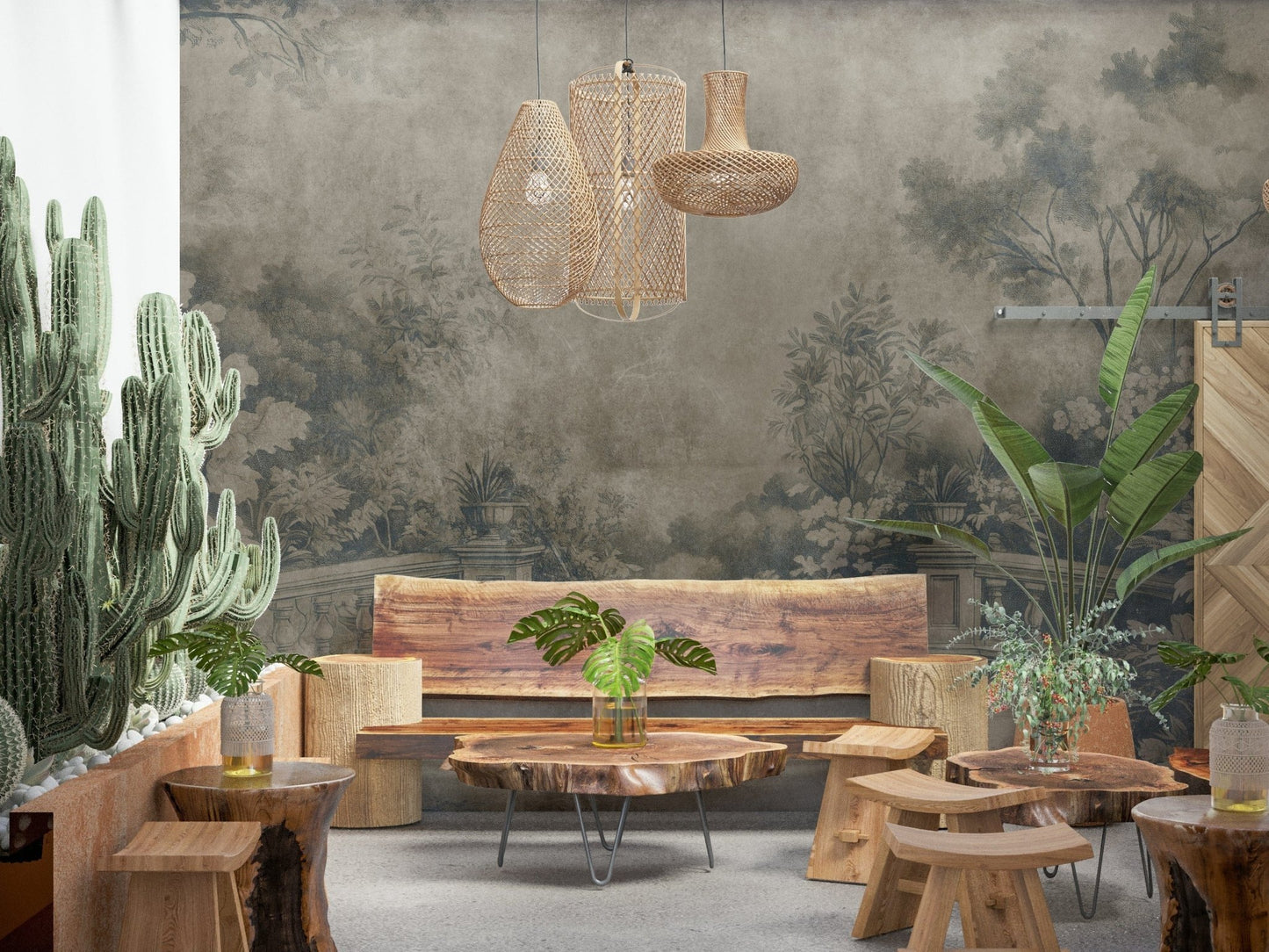 Elegant faded botanical drawing fresco wallpaper for interiors.