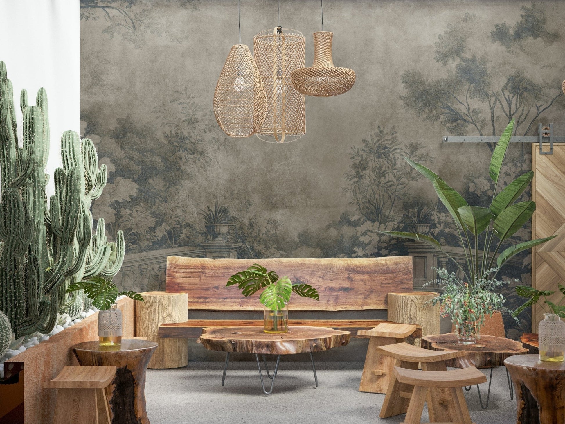 Elegant faded botanical drawing fresco wallpaper for interiors.