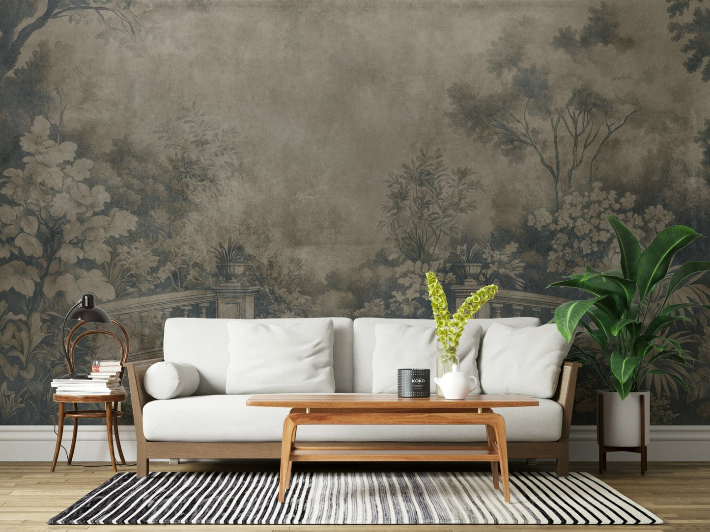 Atmospheric Smoke Wall Mural showing overgrown English garden.