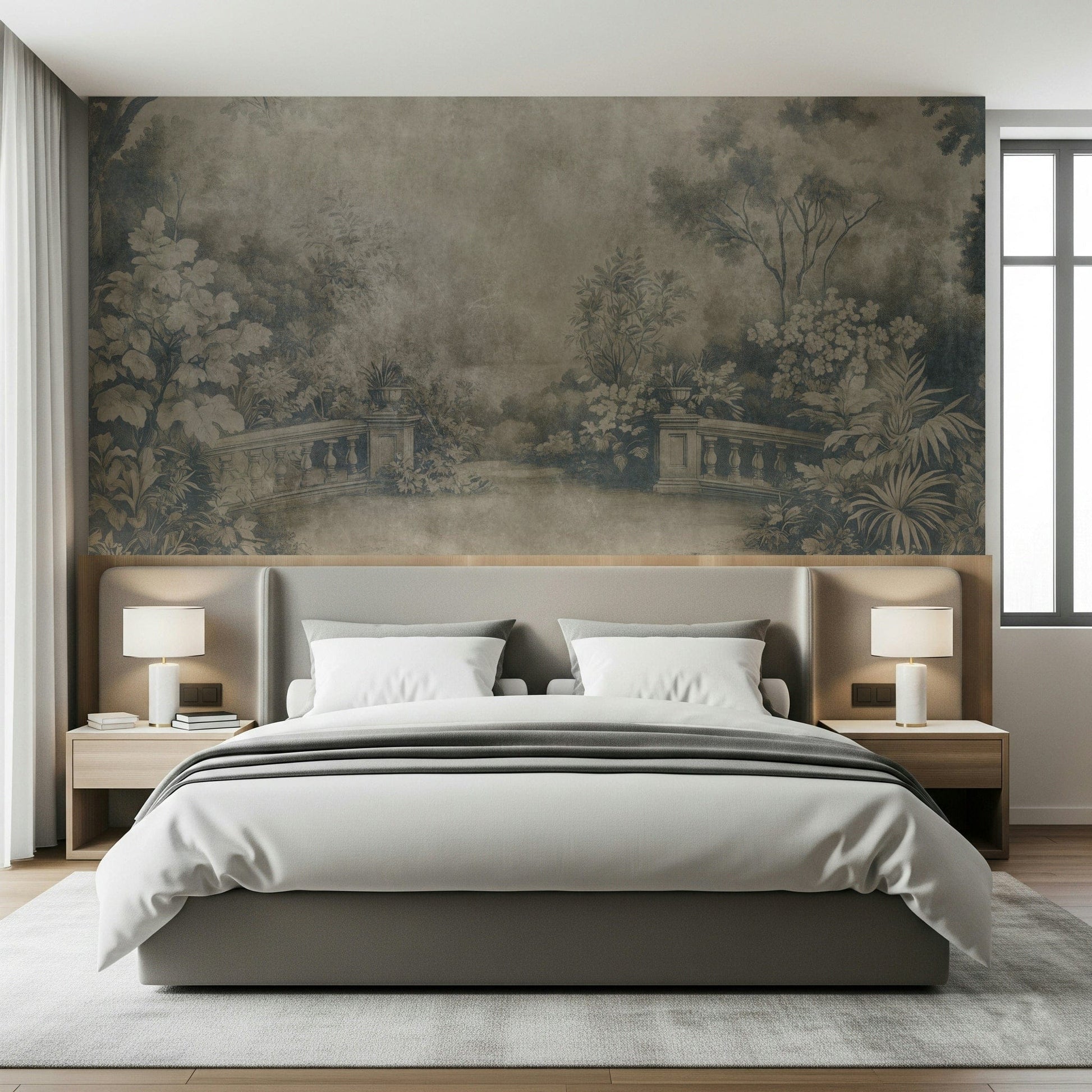 Grayscale antique garden design wallpaper called Smoke Fresco.