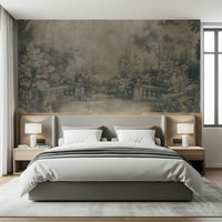 Grayscale antique garden design wallpaper called Smoke Fresco.