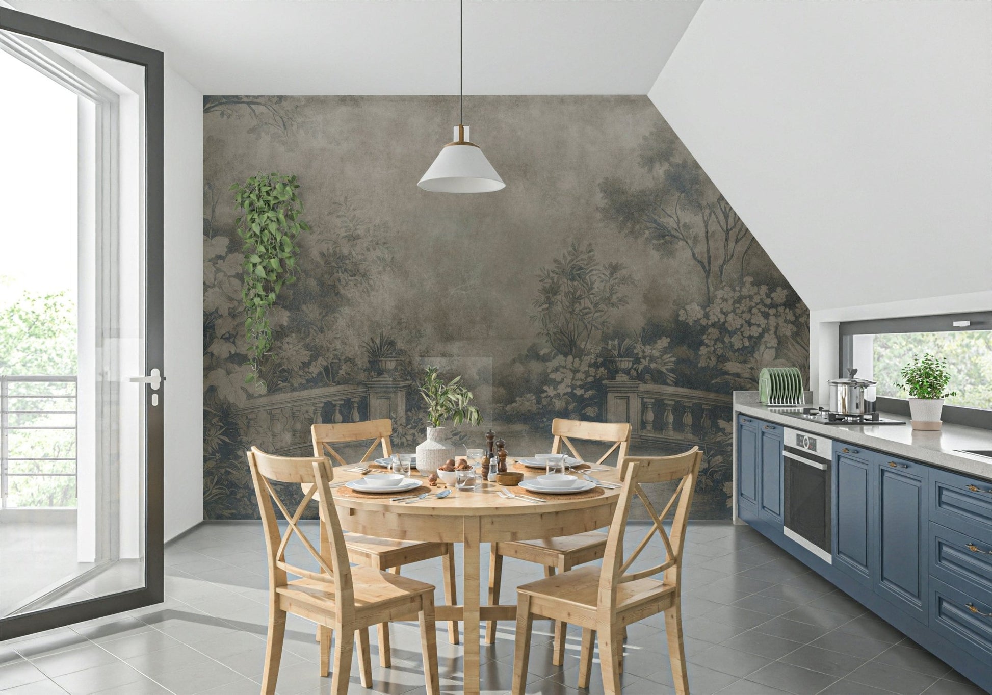 Muted Old English Garden scenic wallpaper mural for elegant decor.