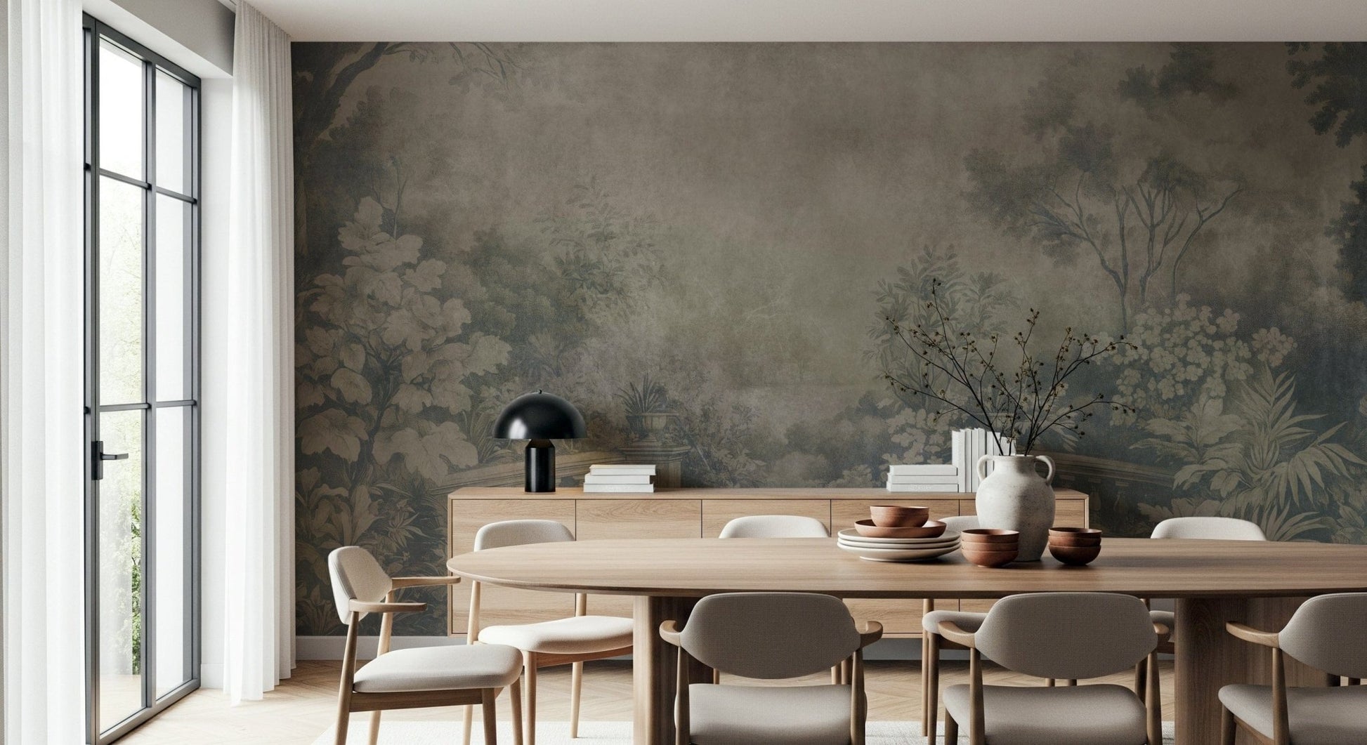 Old English Garden Fresco neutral tone botanical scene wall mural.