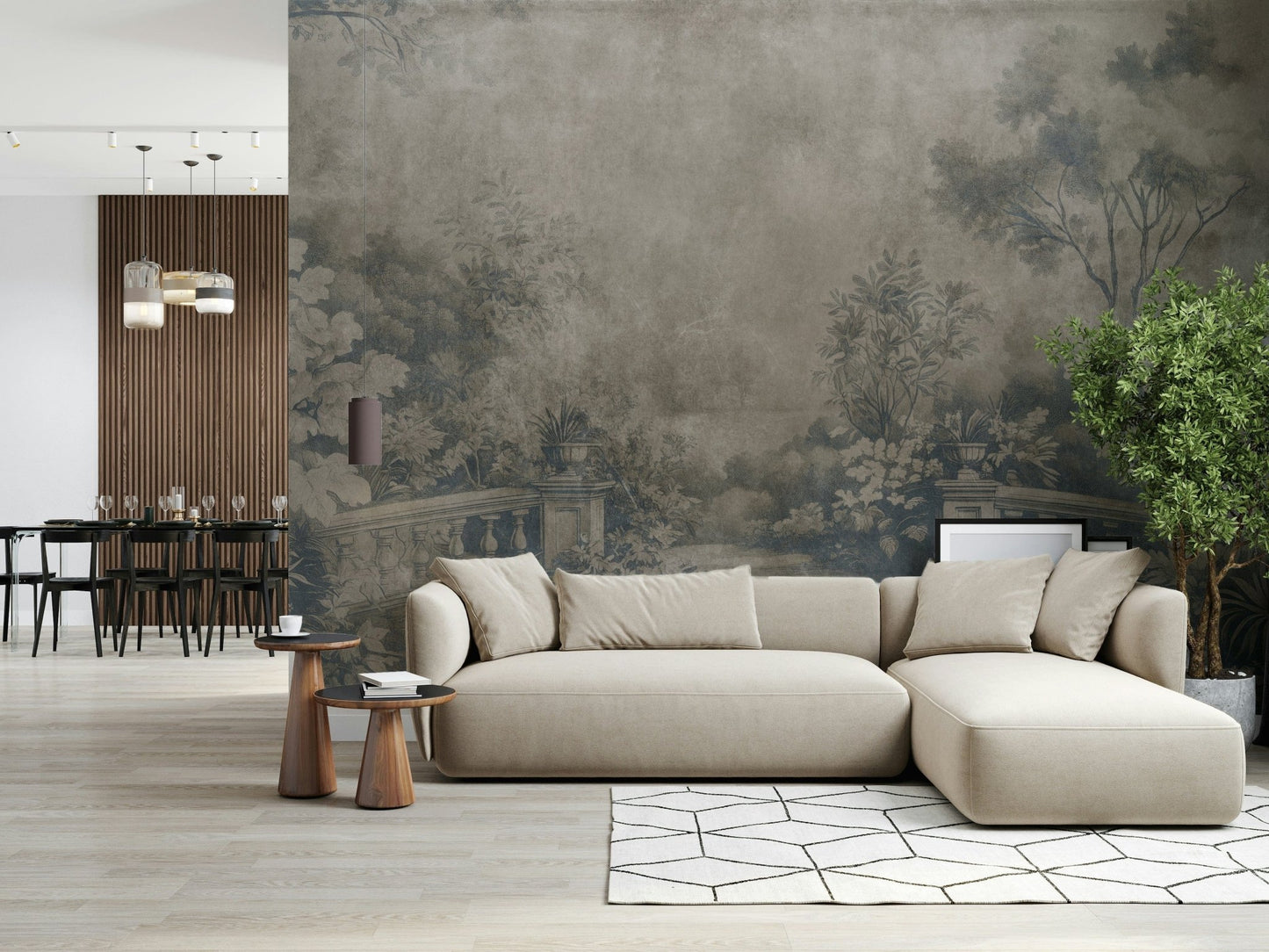 Sepia English country garden fresco mural Smoke finish.