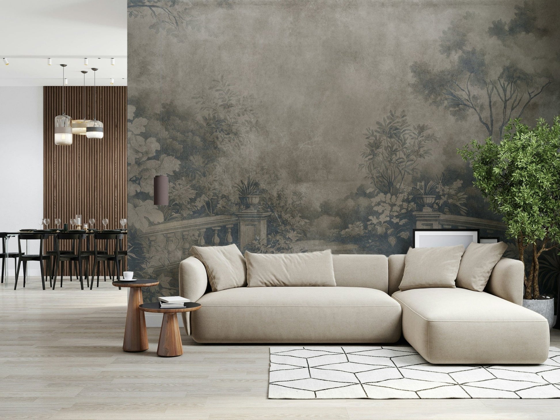 Sepia English country garden fresco mural Smoke finish.