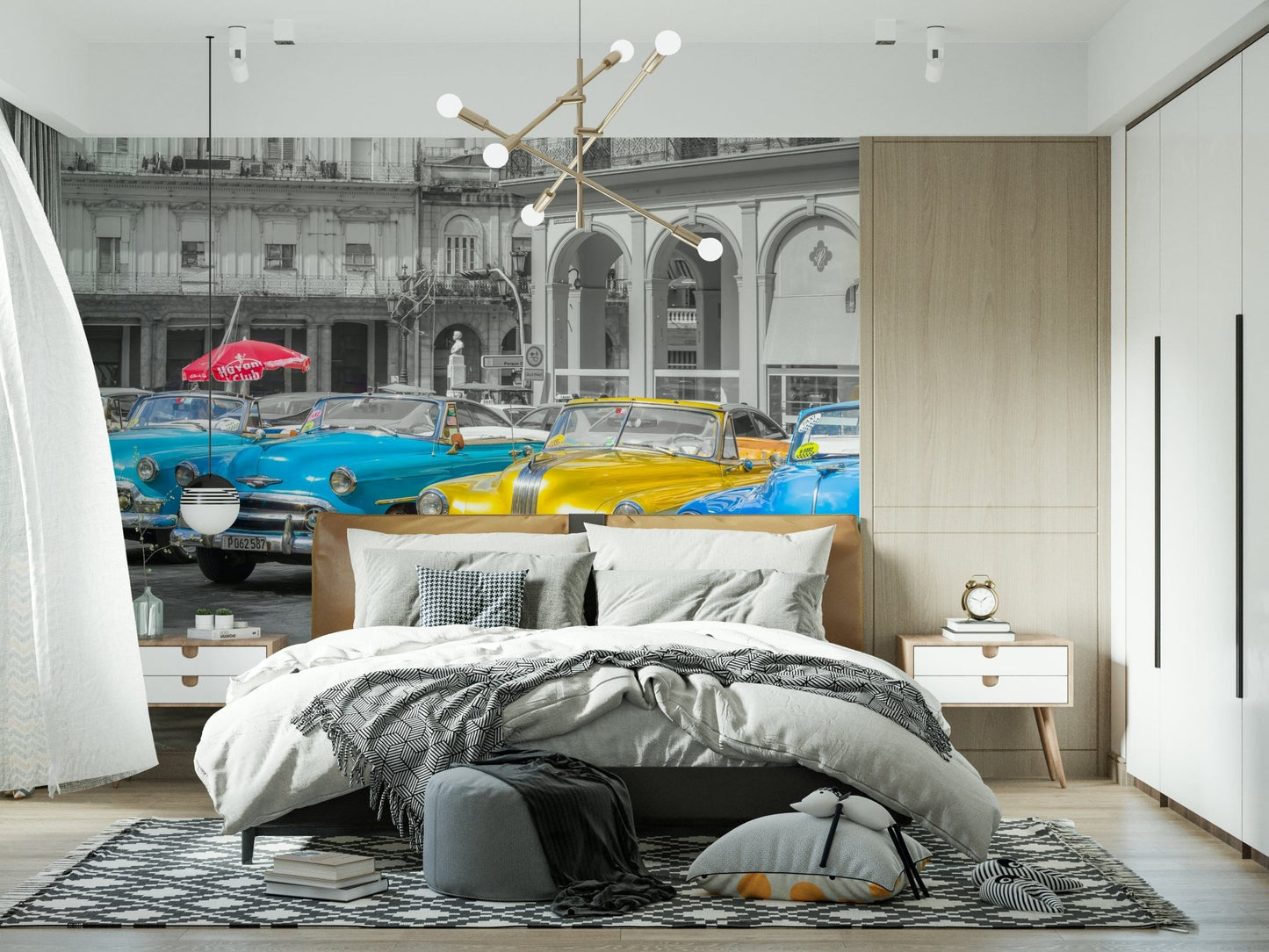 Old-school Rides Wall Mural with sepia tones in a hallway.