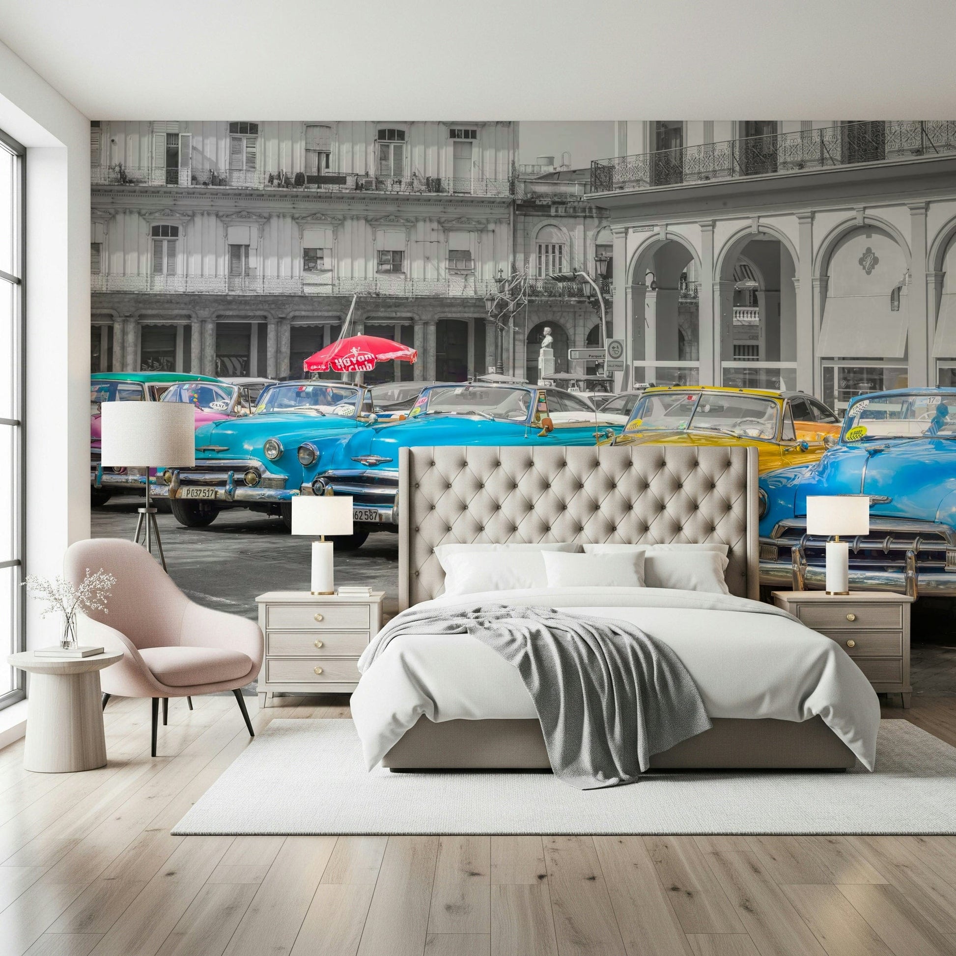 Old-school Rides Wall Mural in a loft style apartment setting