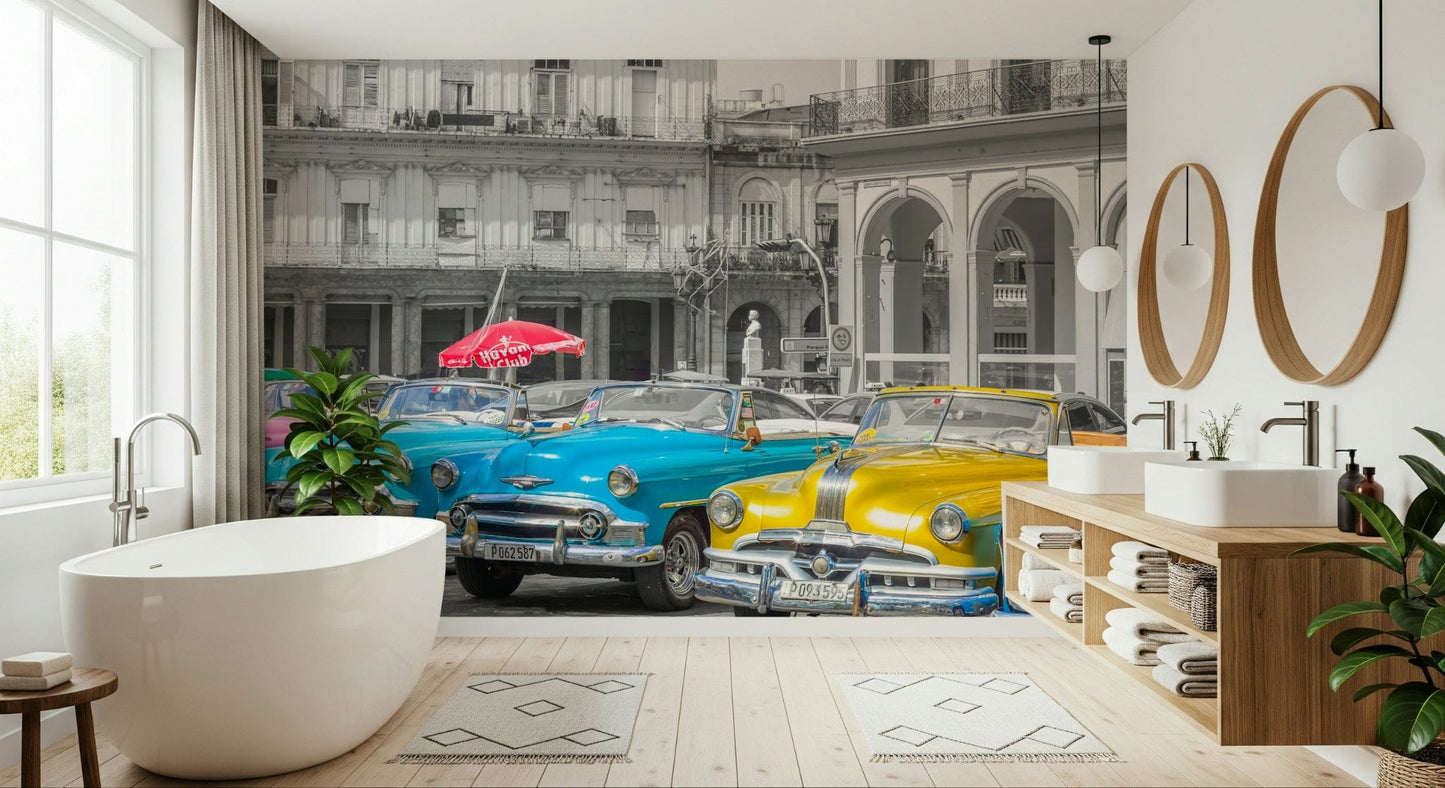 Vintage car illustration wall mural for a classic living room design.
