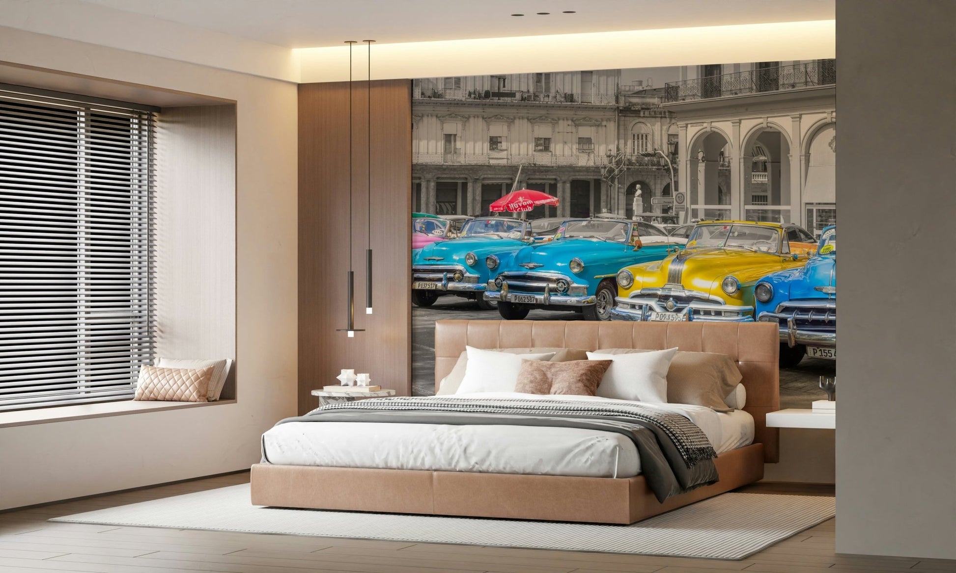 Old-school Rides Wall Mural featuring classic sedans in a home office.