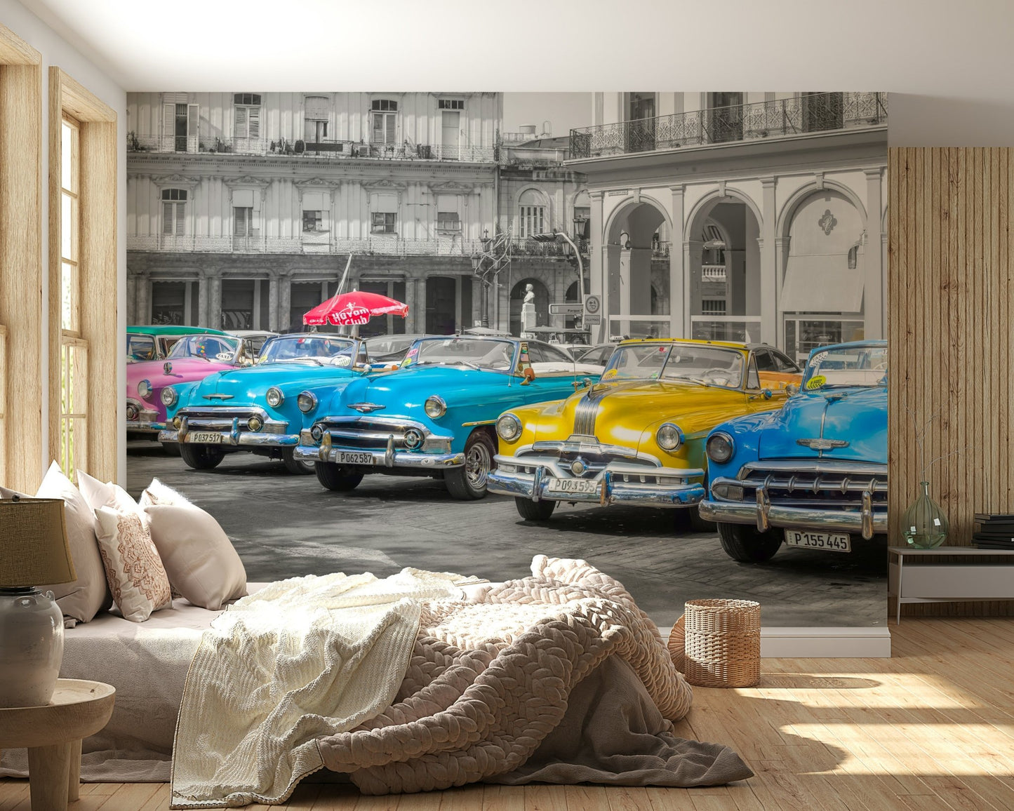Yellow retro car wallpaper mural for a contemporary dining space